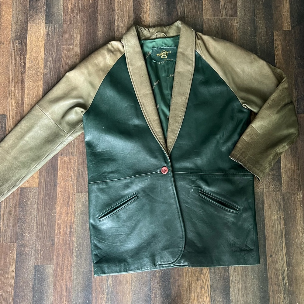 Etienne Aigner Men’s Green and Taupe 100% Genuine Leather Jacket Blazer Size 10